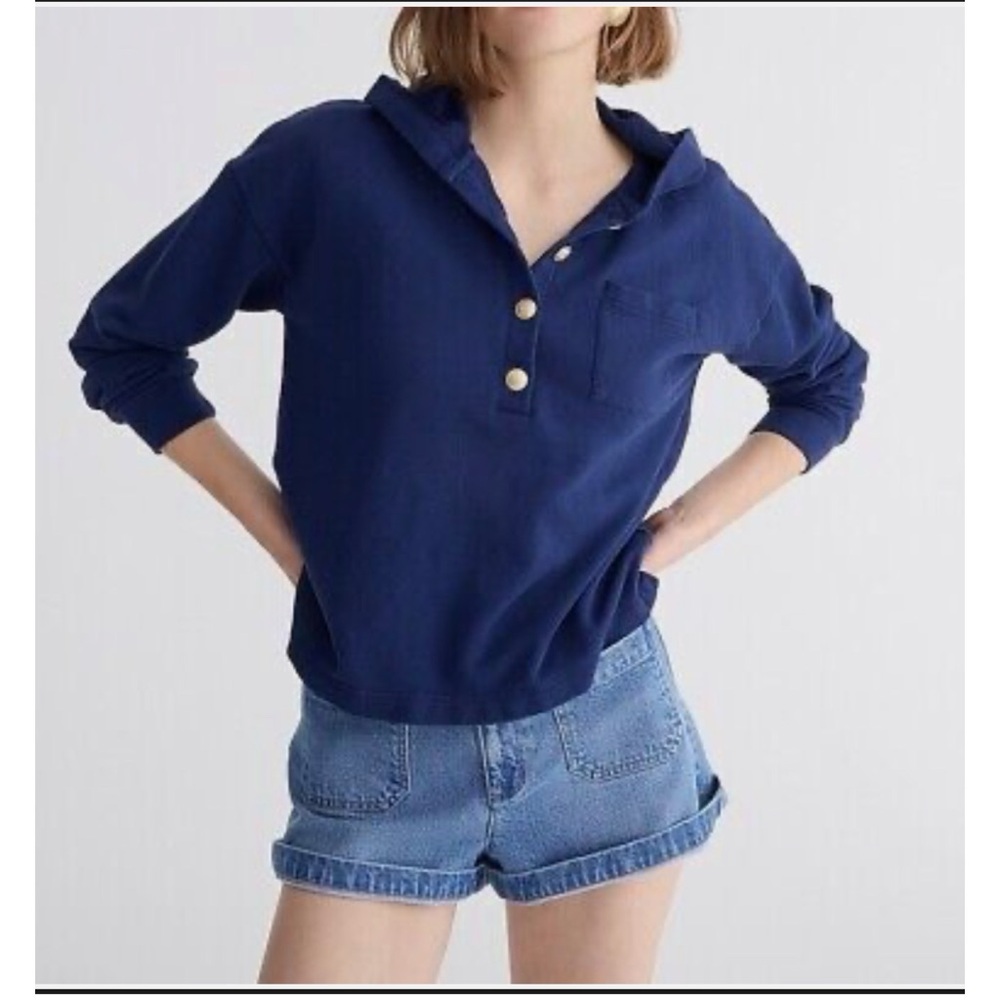 J Crew University Terry Henley Sweatshirt Hood Nautical Gold Buttons NWT Sz XL